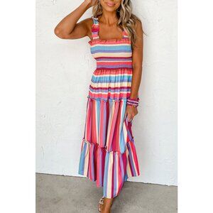 Colorful Summer Maxi Dress Chic Red Stripe Ruffled Straps